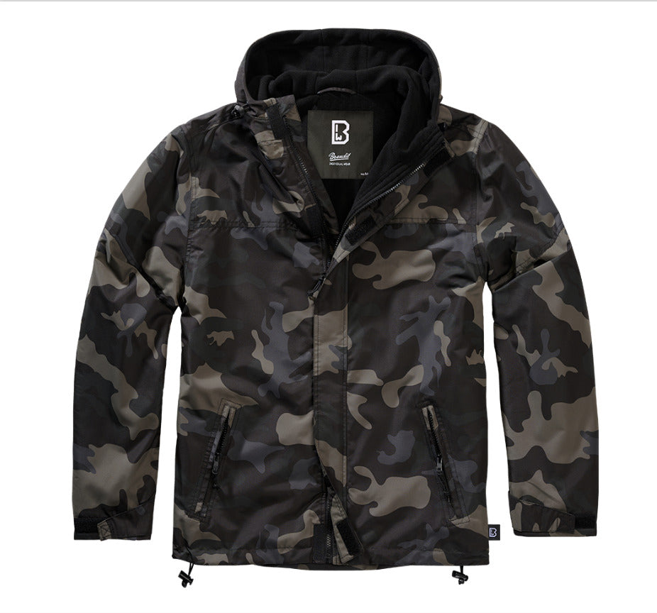 Brandit Windbreaker Hooded Jacket Front Zip Mens Hiking Outdoor Dark Camo