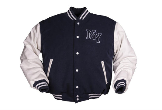 Vintage Style NY New York Baseball Jacket With Letterman Jersey Patch Navy/White