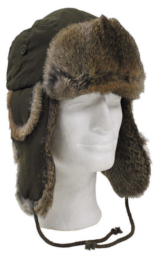 Winter Outdoor Military Army Fur Hat Brown Real Fur Quilted Lining OD Green