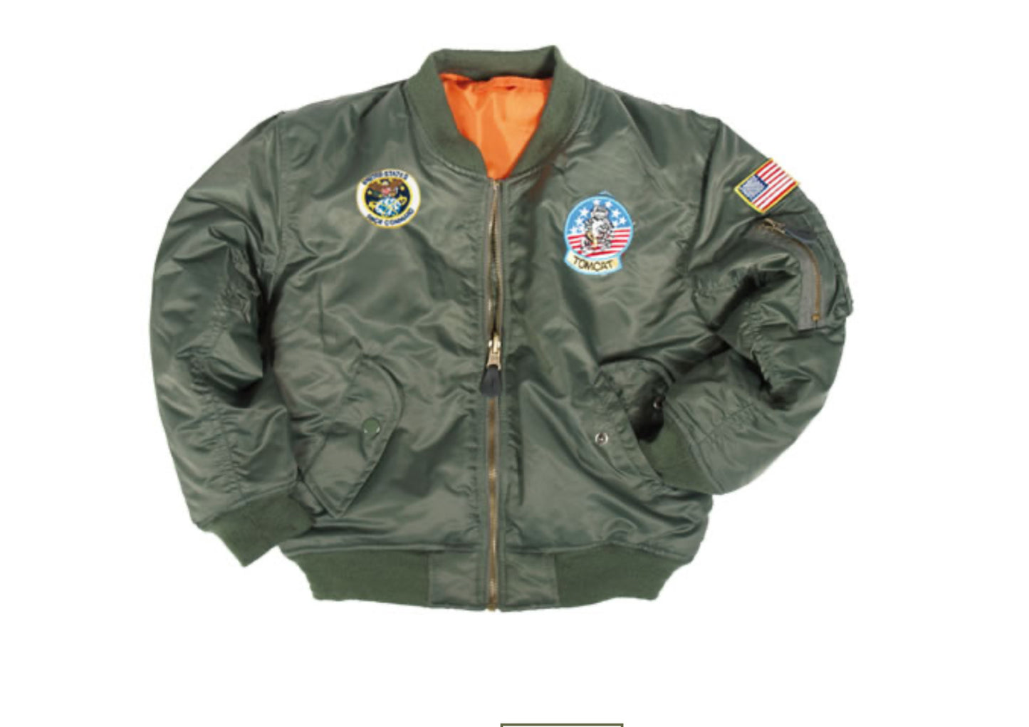US Army Military Style Jacket Kids Size MA1 Field Pilot With Patches OD Green