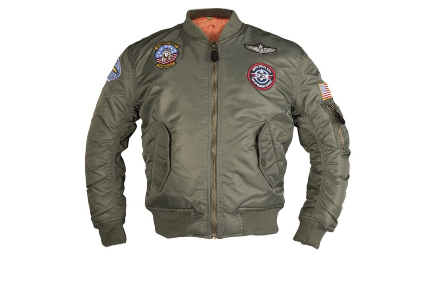 US Army Military Style Jacket Kids Size MA1 Field Pilot With Patches OD Green