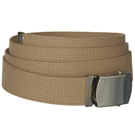 Mil-tec Khaki, 100% cotton webbing US trouser belt with silver coloured metal buckle.
