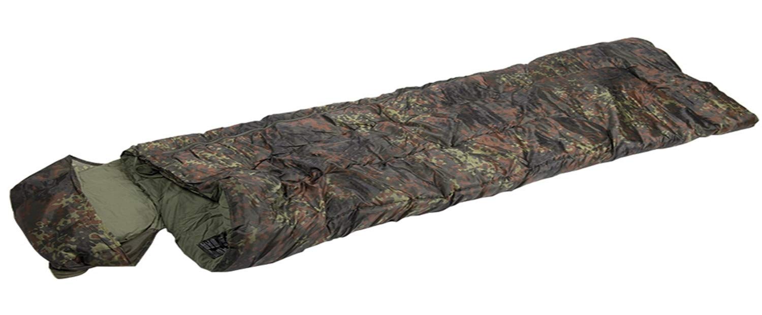 Mil-Tec Pilot Sleeping Bag Flecktarn Camo – 4-Season Mummy Bag with Pillow
