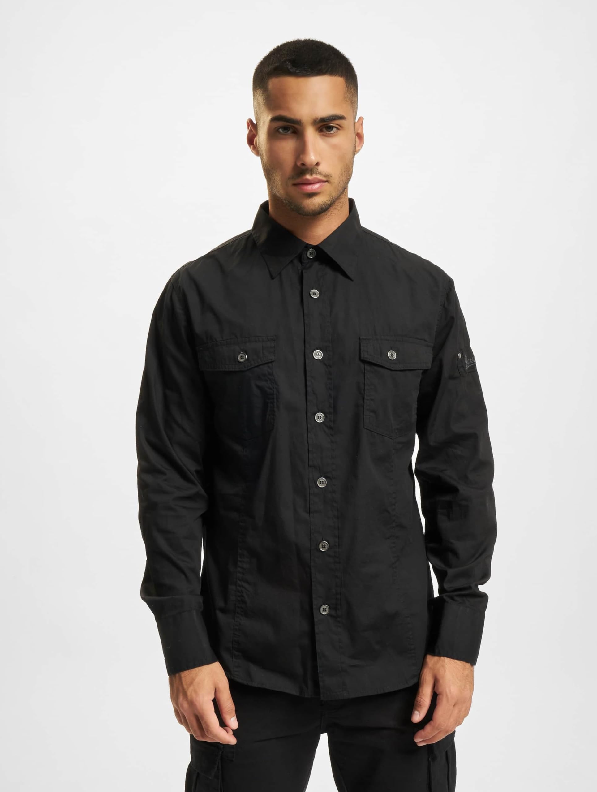 Brandit Men’s Slimfit Shirt – Woodland Camo Military Style Casual Button-Up