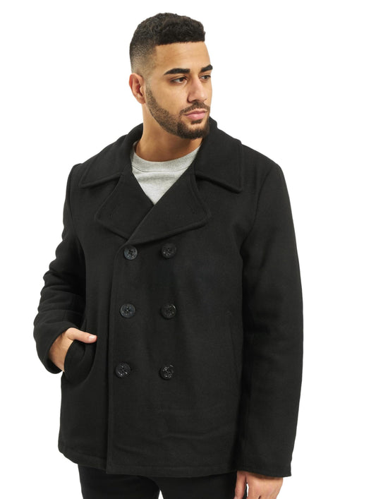 Brandit Men’s Pea Coat Black – Classic Double-Breasted Wool Blend Jacket