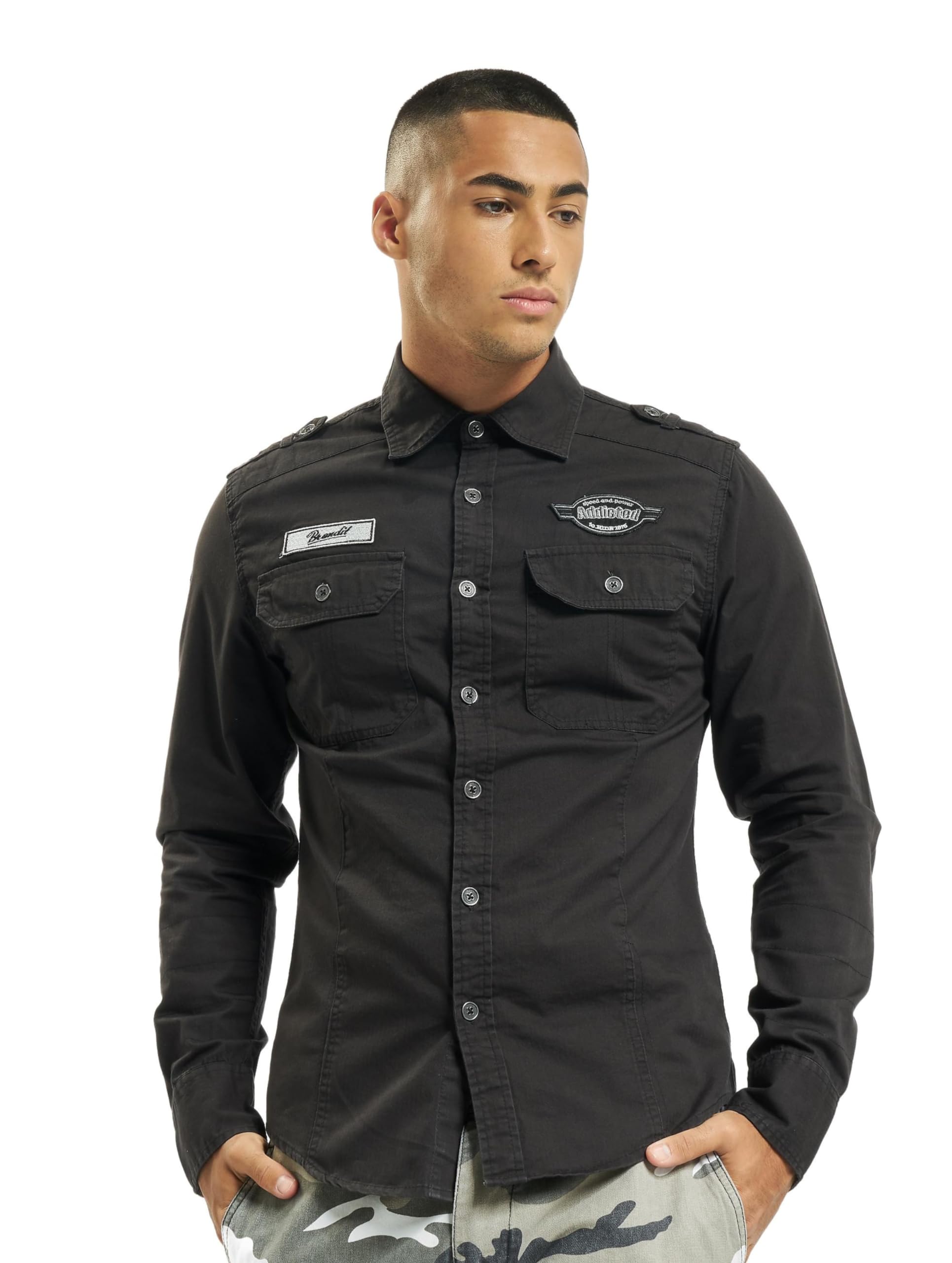 Brandit Men’s Luis Vintage Shirt with Badges – Black Military Style Button-Up