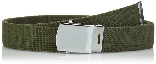 Mil-tec Olive Green, 100% cotton webbing US trouser belt with silver coloured metal buckle.