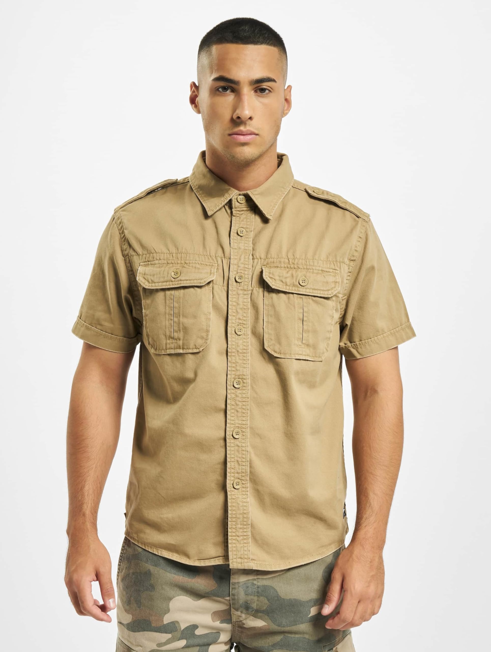 Brandit Men’s Vintage Shirt – Camel Short Sleeve Military Style Button-Up, 4XL
