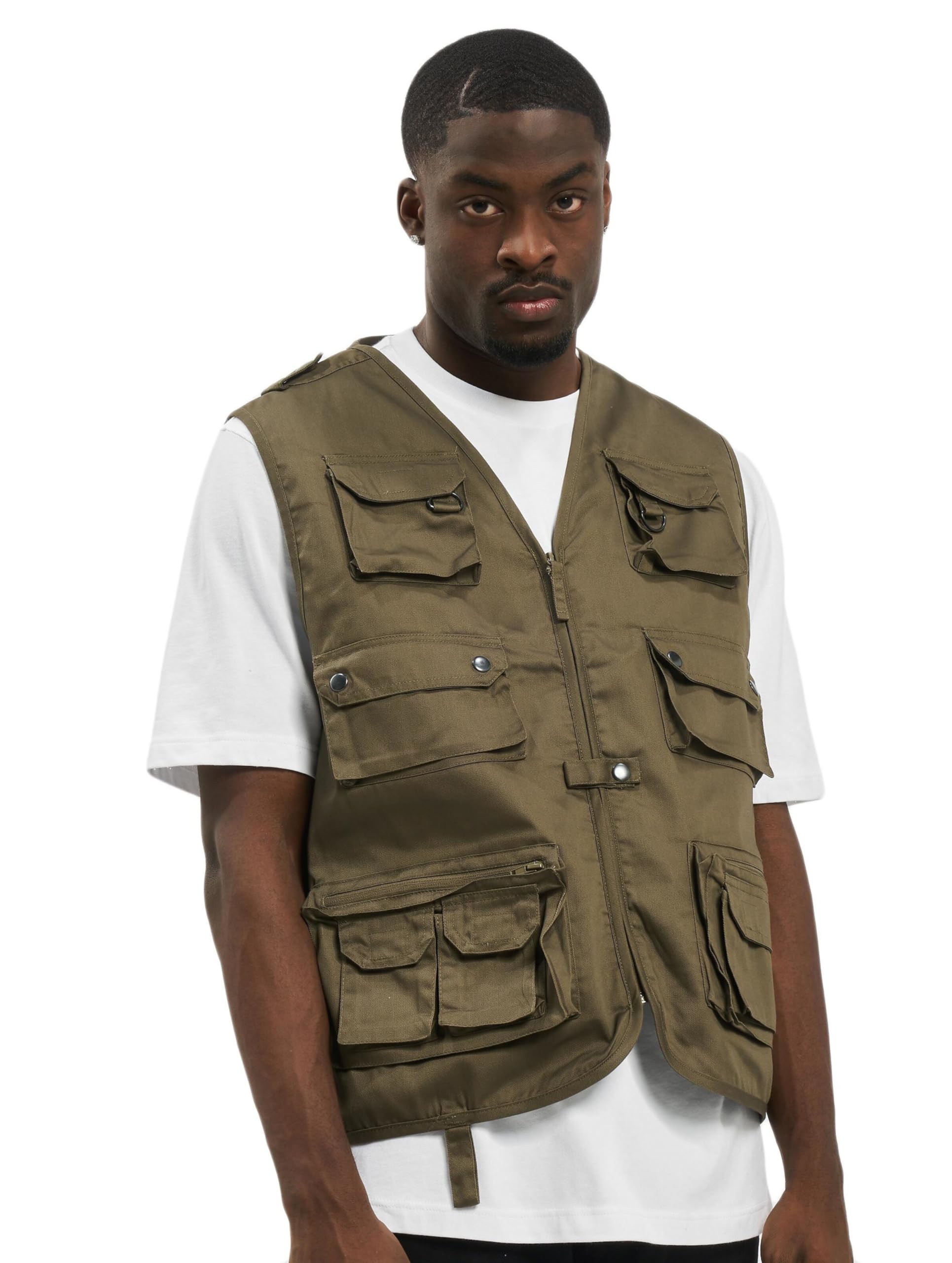 Brandit Men’s Hunting Vest – Olive Outdoor Multi-Pocket Utility Vest, Size M