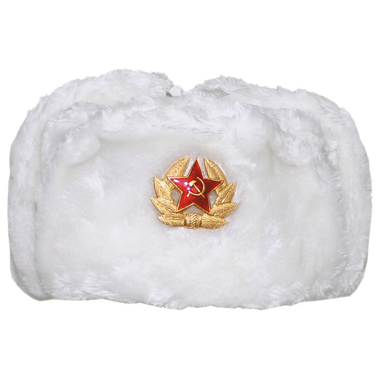 MFH Russian Fur Winter Cap – White Faux Fur with Badge