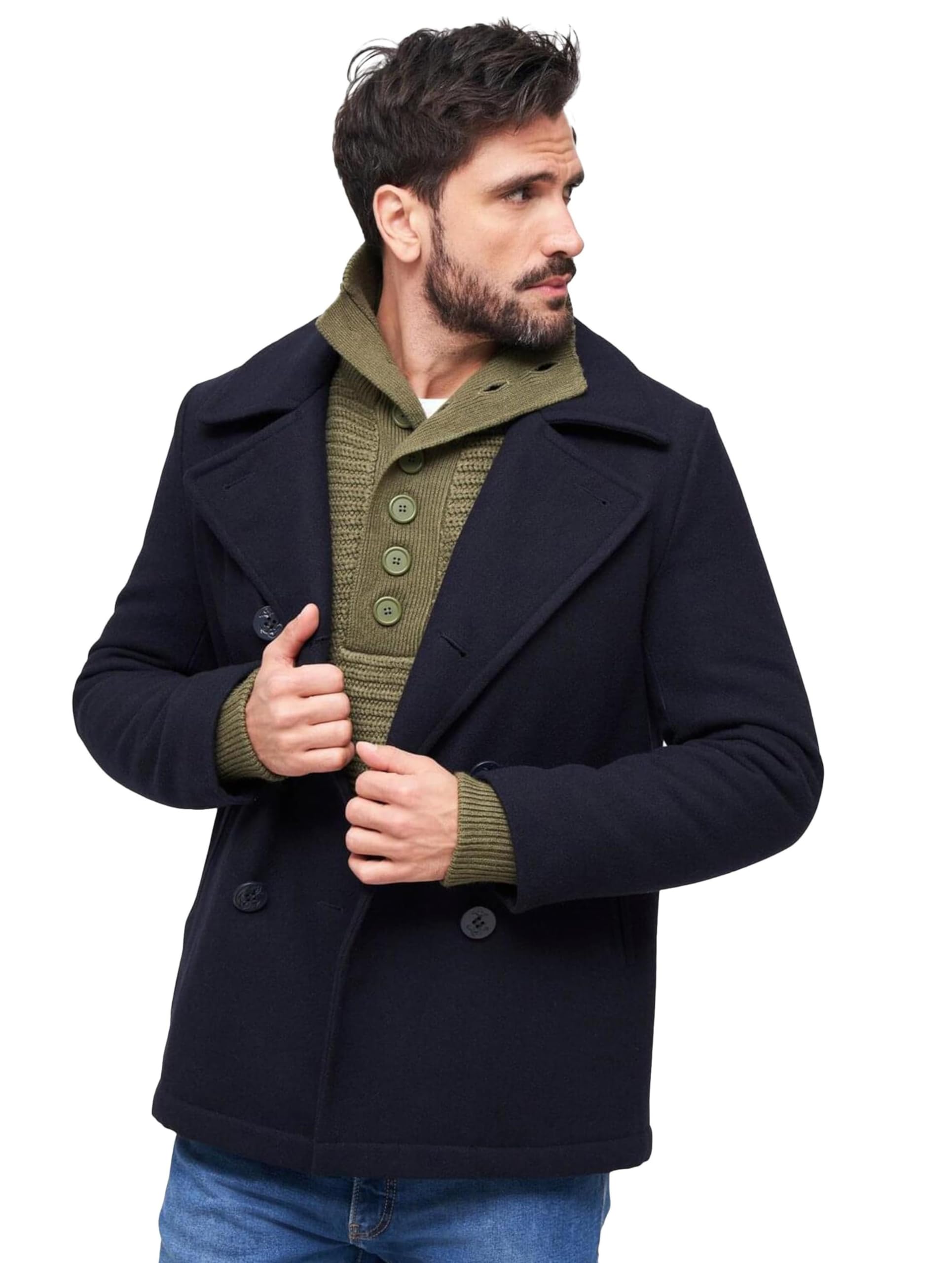 Brandit Men’s Pea Coat Navy – Classic Double-Breasted Winter Jacket 5XL