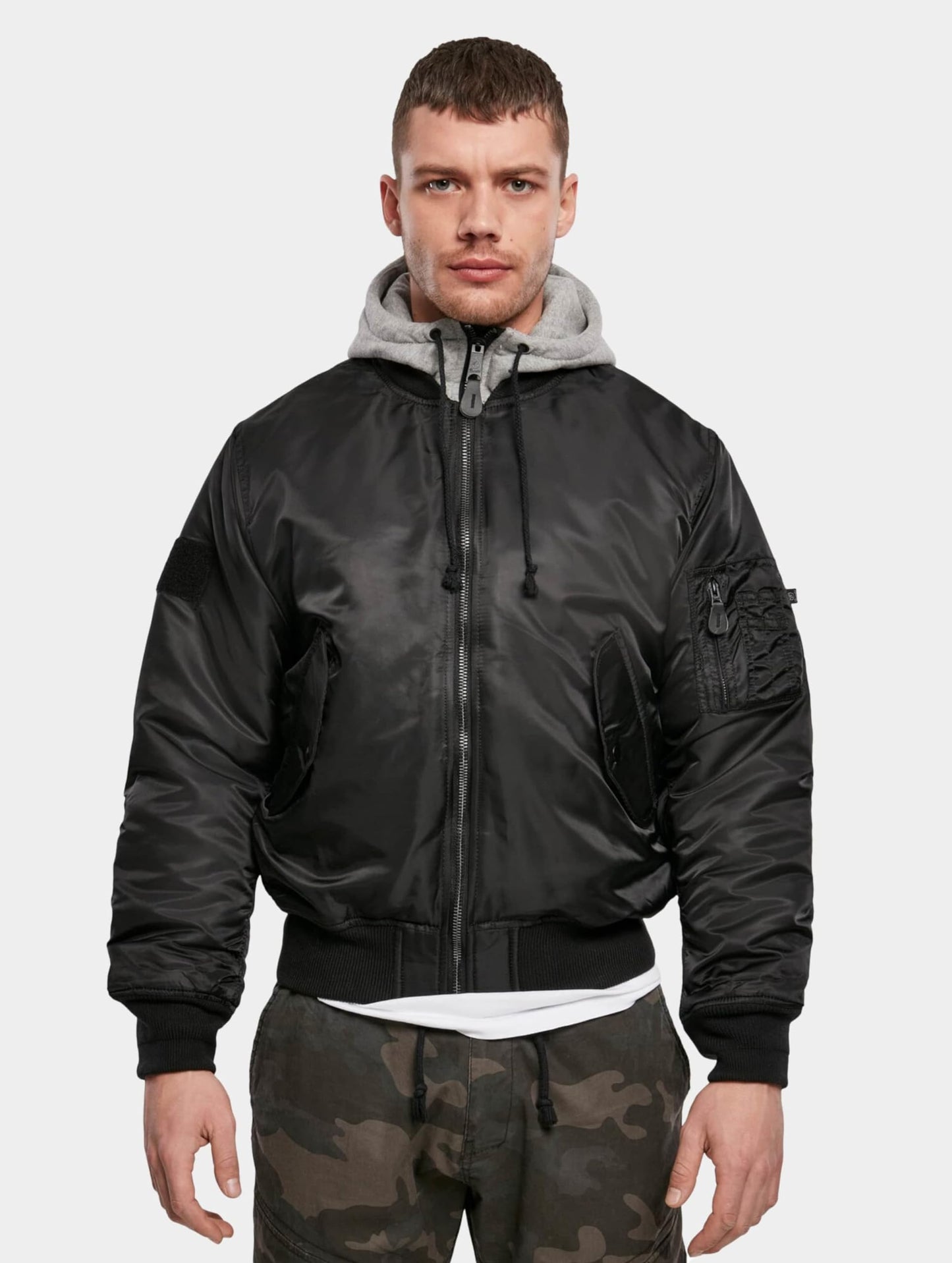 Brandit Men’s MA1 Bomber Hooded Jacket Black/Grey – Classic Flight Jacket 5XL
