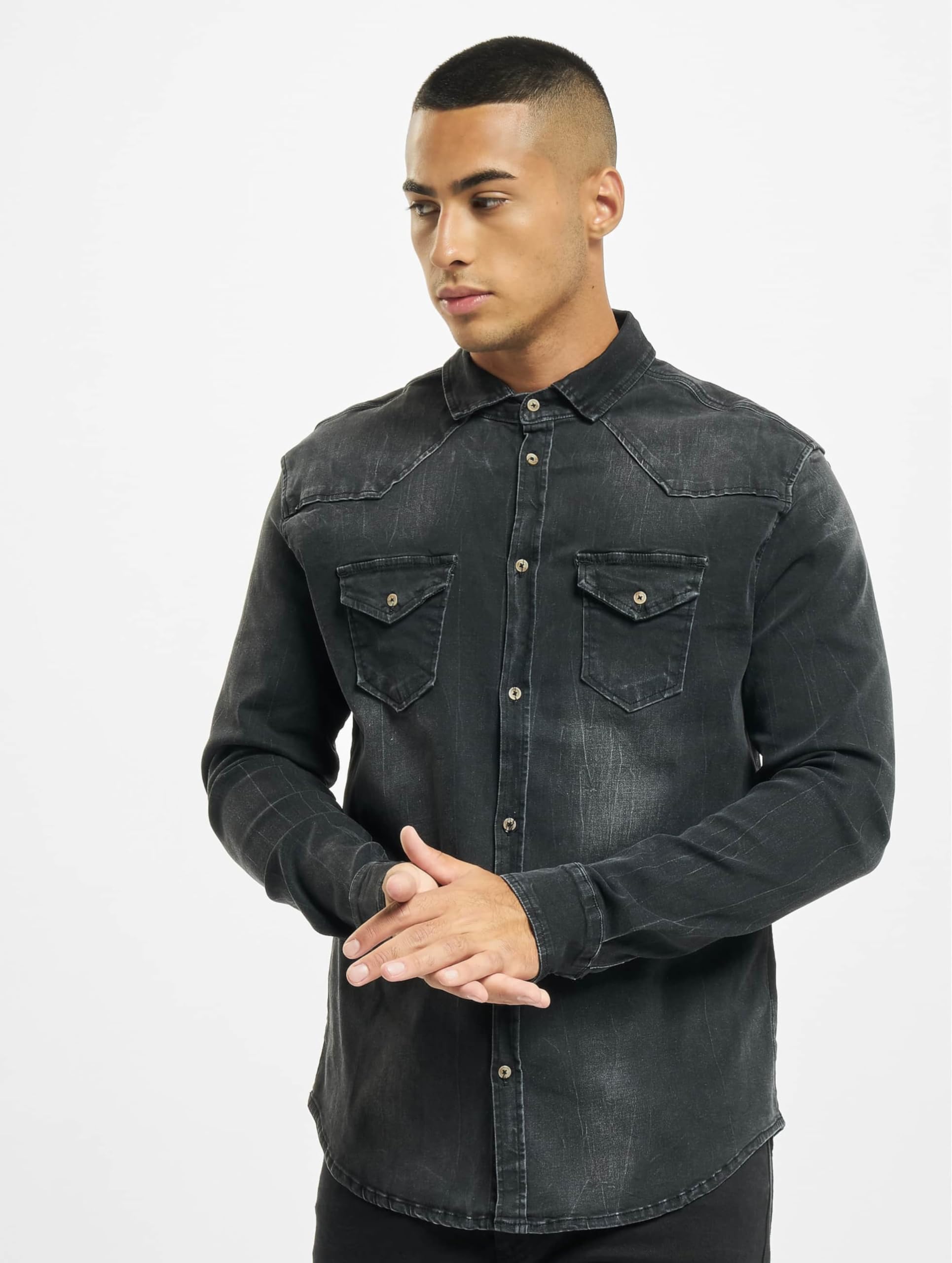 Brandit Men’s Riley Denim Shirt – Gray Denim Casual Long Sleeve Button-Up