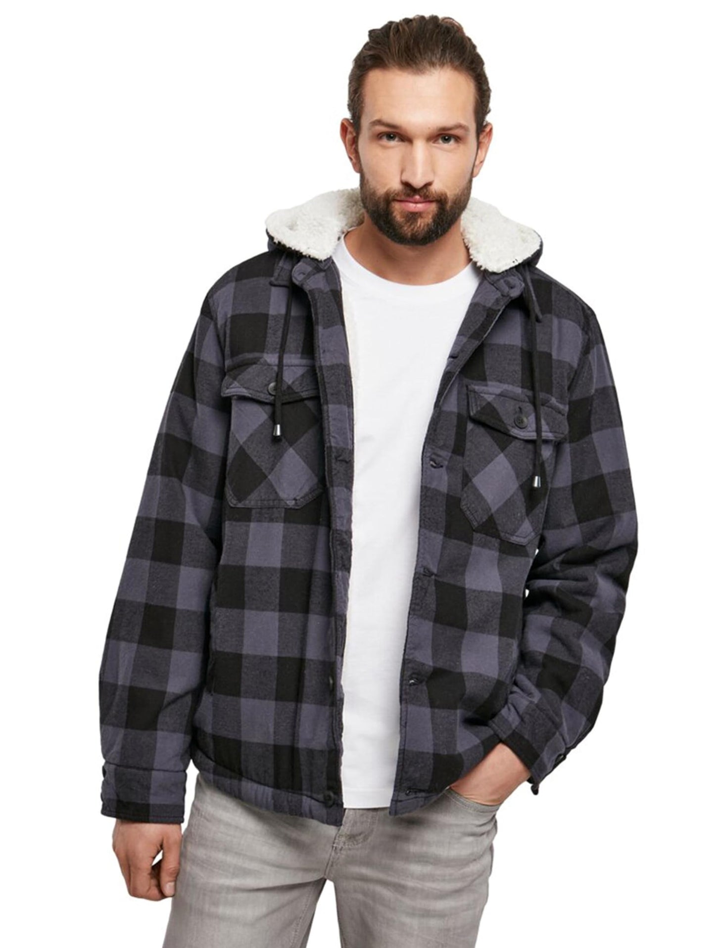 Brandit Hooded Lumberjack Jacket Black/Charcoal M – Lined Flannel Jacket