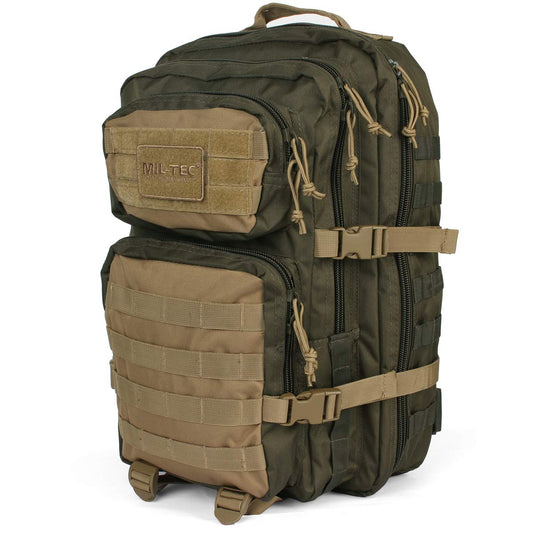 Mil-Tec Ranger Assault Pack - Rugged Durable Lightweight Versatile Tactical Outdoor Camping Hiking Backpack with Adjustable Padded Shoulder Straps & MOLLE Loops, Green/Coyote, 36L