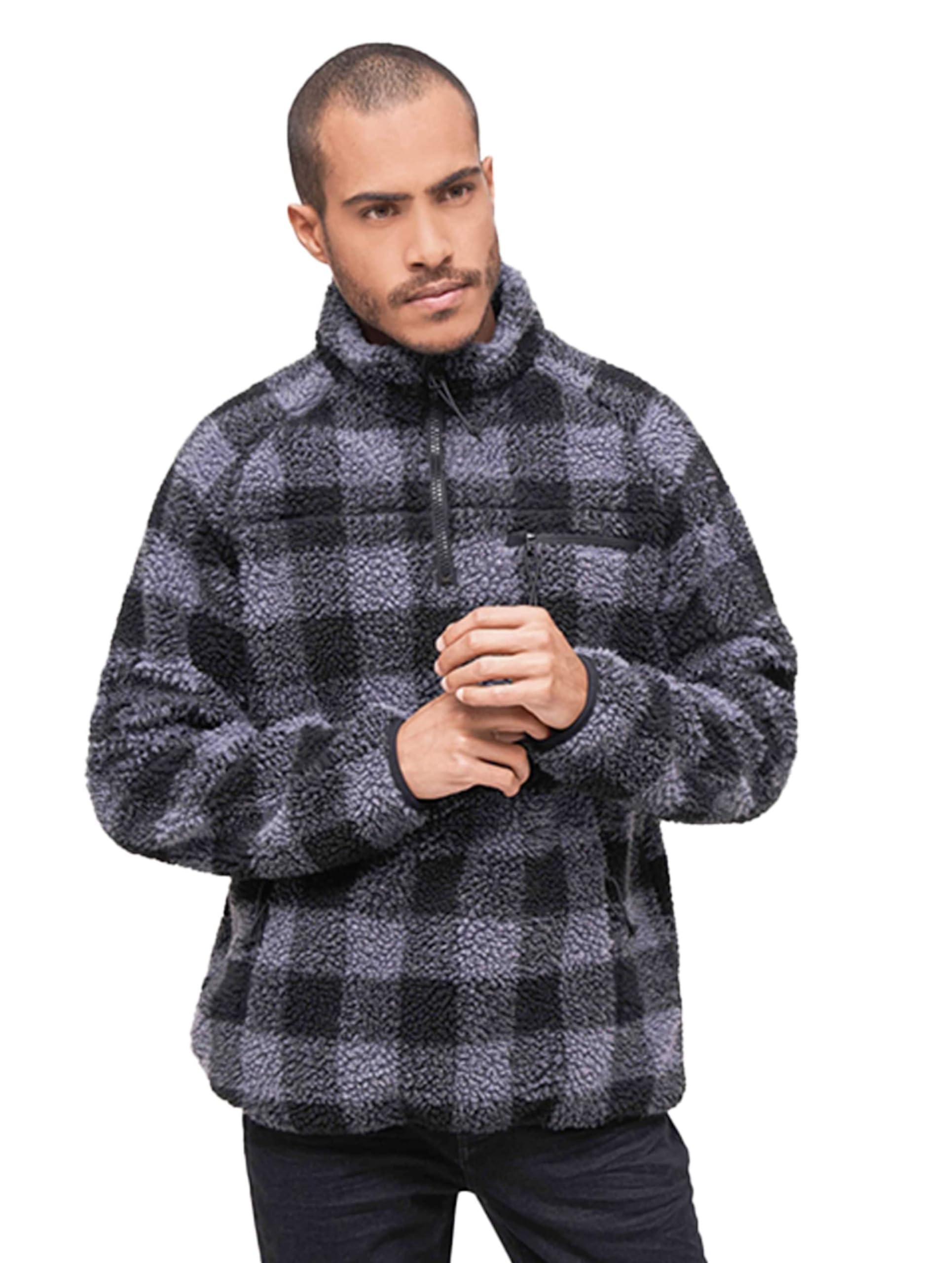 Brandit Men’s Teddyfleece Troyer Black/Gray XL | Warm Pullover Outdoor Sweater