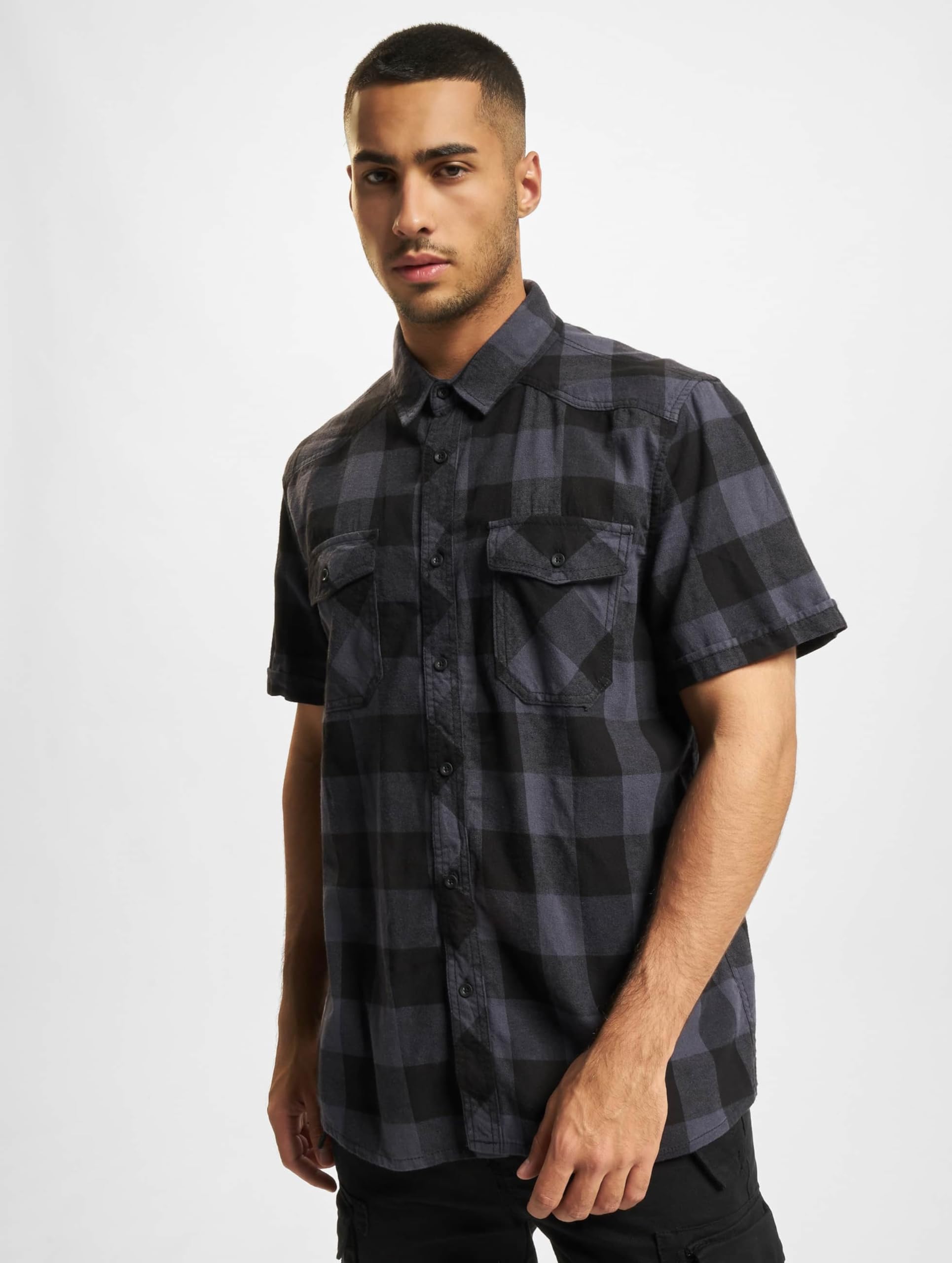 Brandit Men’s Checked Flannel Shirt – Black/Grey Half-Sleeve Lumberjack, 7XL