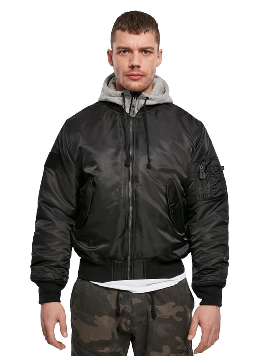 Brandit Men’s MA1 Bomber Hooded Jacket Black/Grey – Classic Flight Jacket 5XL