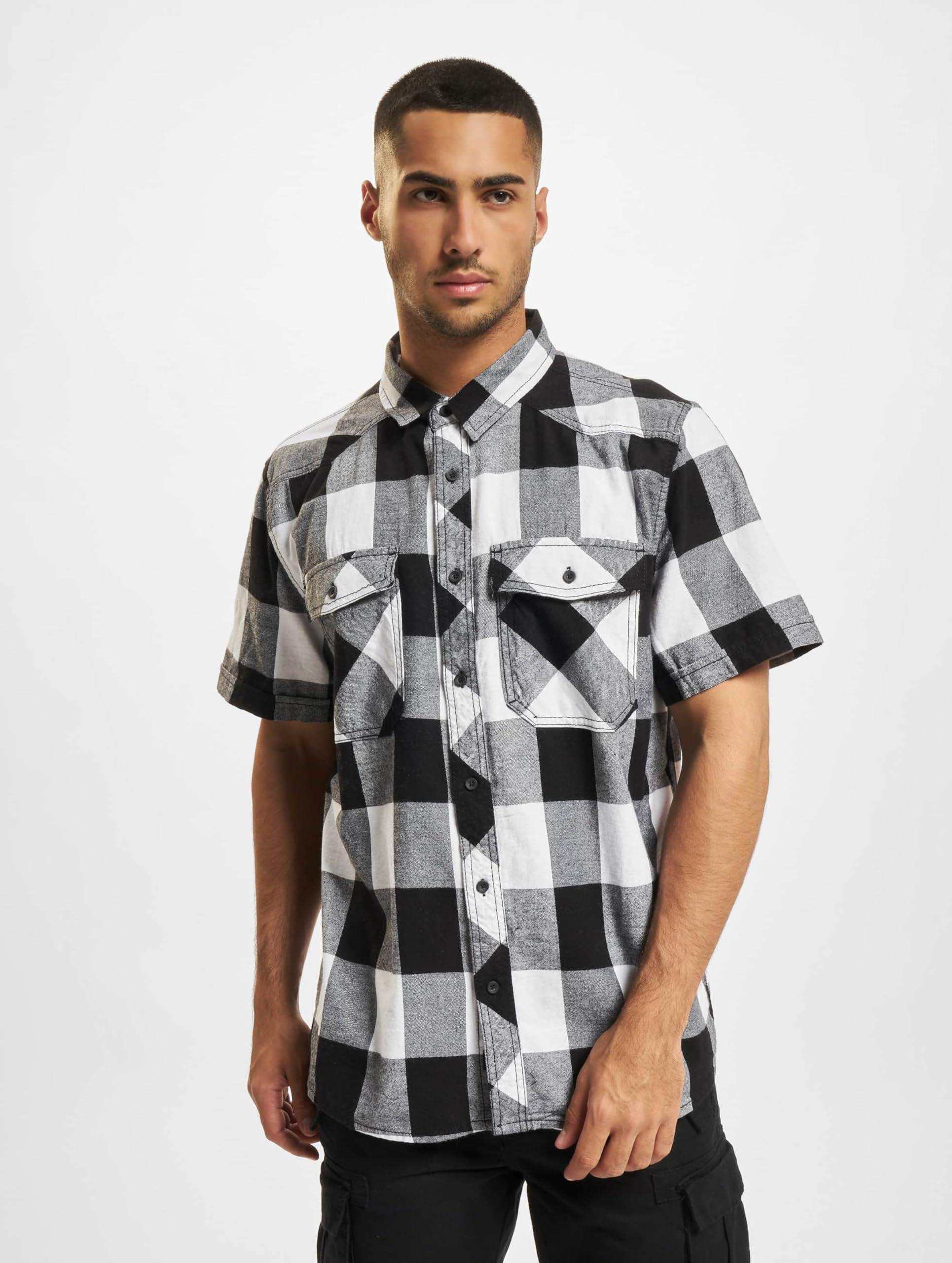 Brandit Men’s Checked Flannel Shirt – White/Black Half-Sleeve Lumberjack, S
