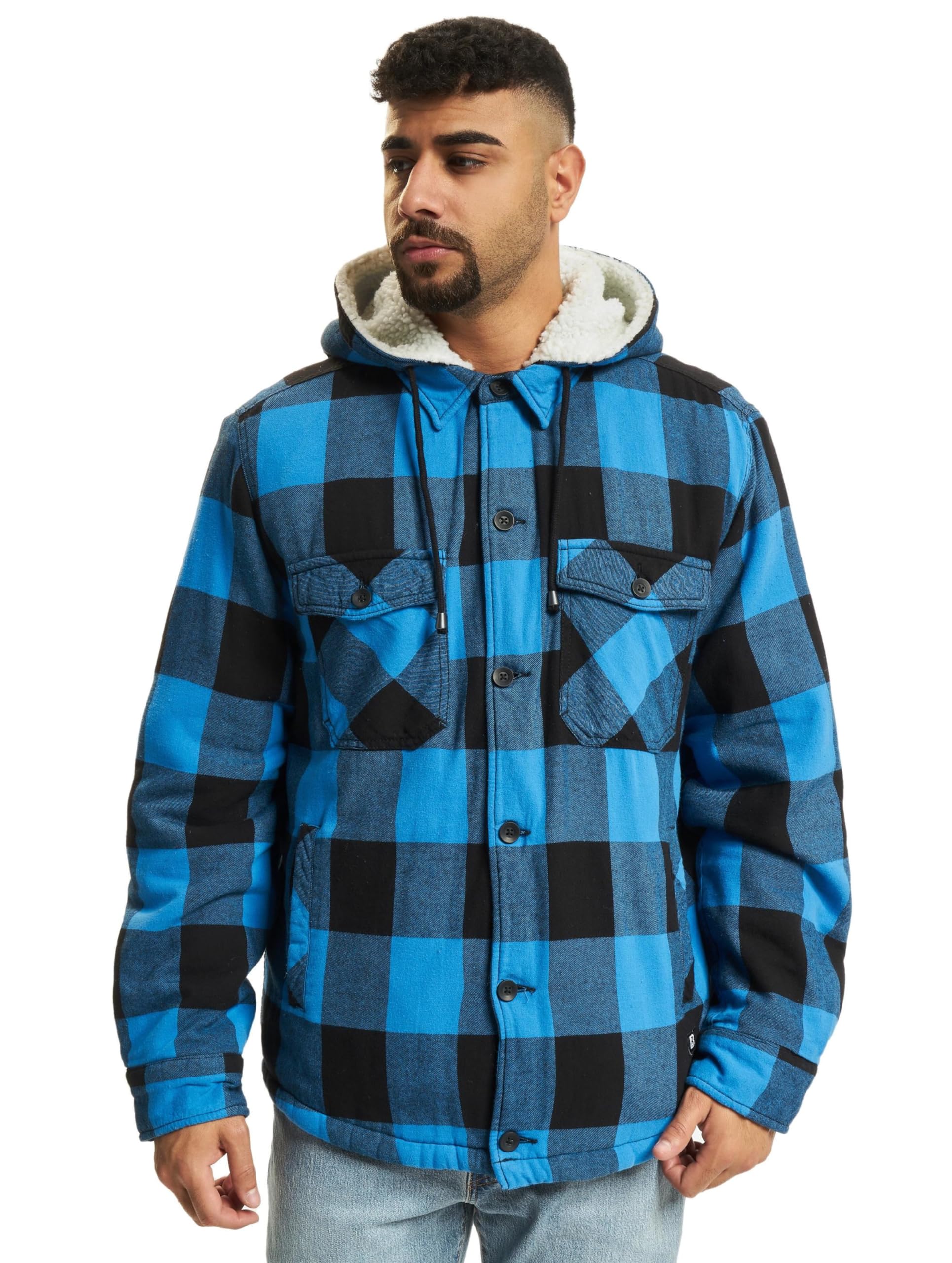 Brandit Men’s Lumber Hooded Jacket Black/Blue 2XL – Lightweight Plaid Coat