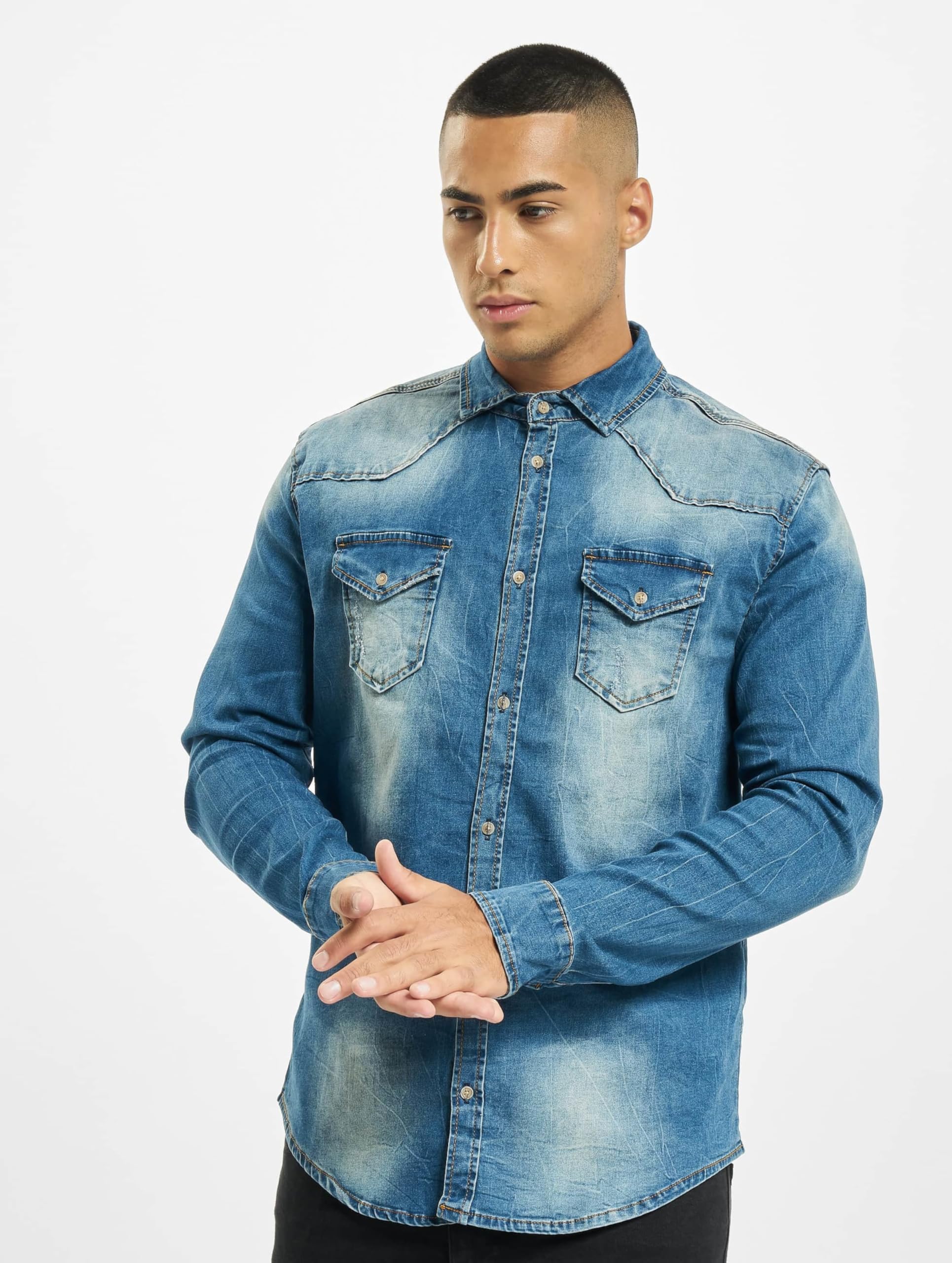 Brandit Men’s Riley Denim Shirt – Blue Denim Casual Long Sleeve Shirt, Size S