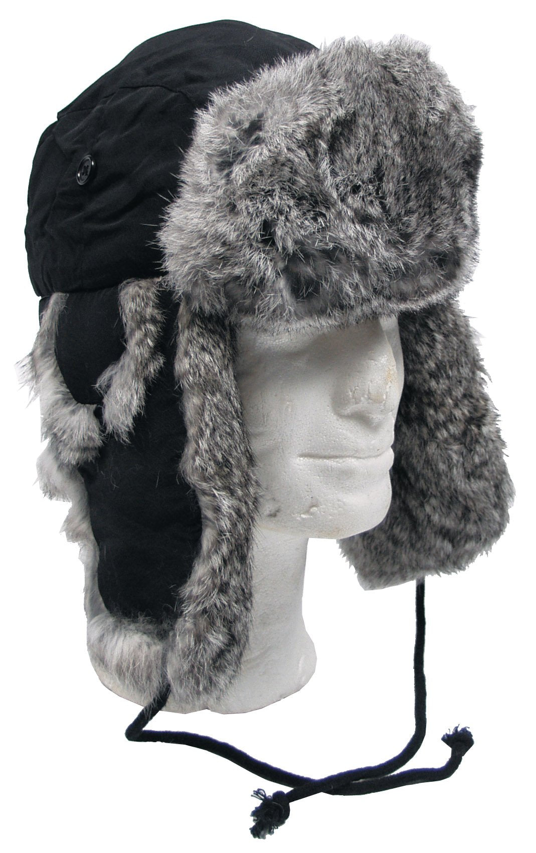 MFH Winter Cap – Black with Grey Rabbit Fur Ushanka Hat L