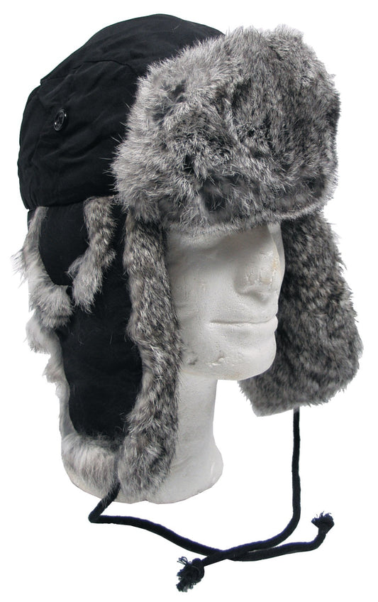 MFH Winter Cap – Black with Grey Rabbit Fur Ushanka Hat XL