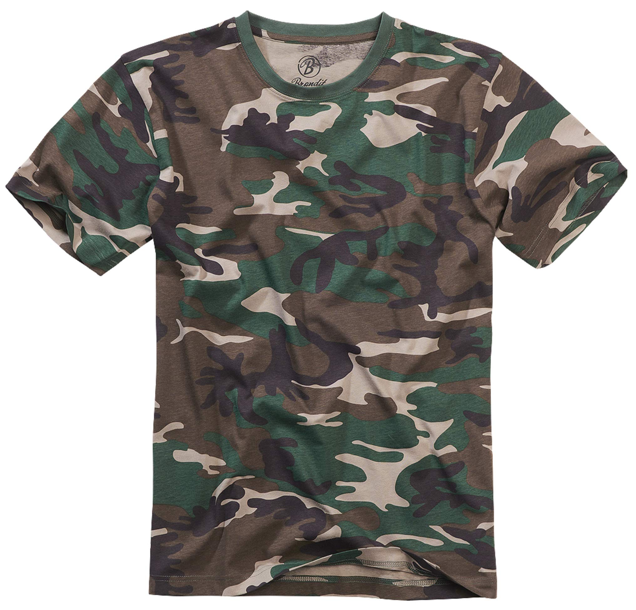 Brandit Men’s T-Shirt – Woodland Camo Cotton Crew Neck Casual Outdoor Top, 5XL