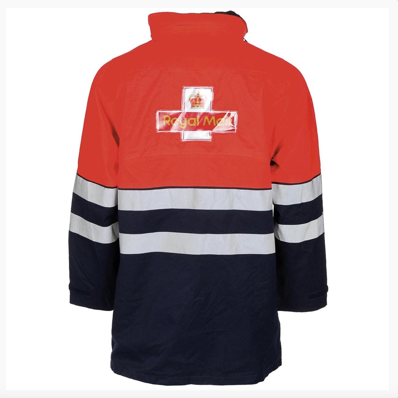 Genuine British Royal Mail Long Waterproof Hooded Jacket Orange & Blue